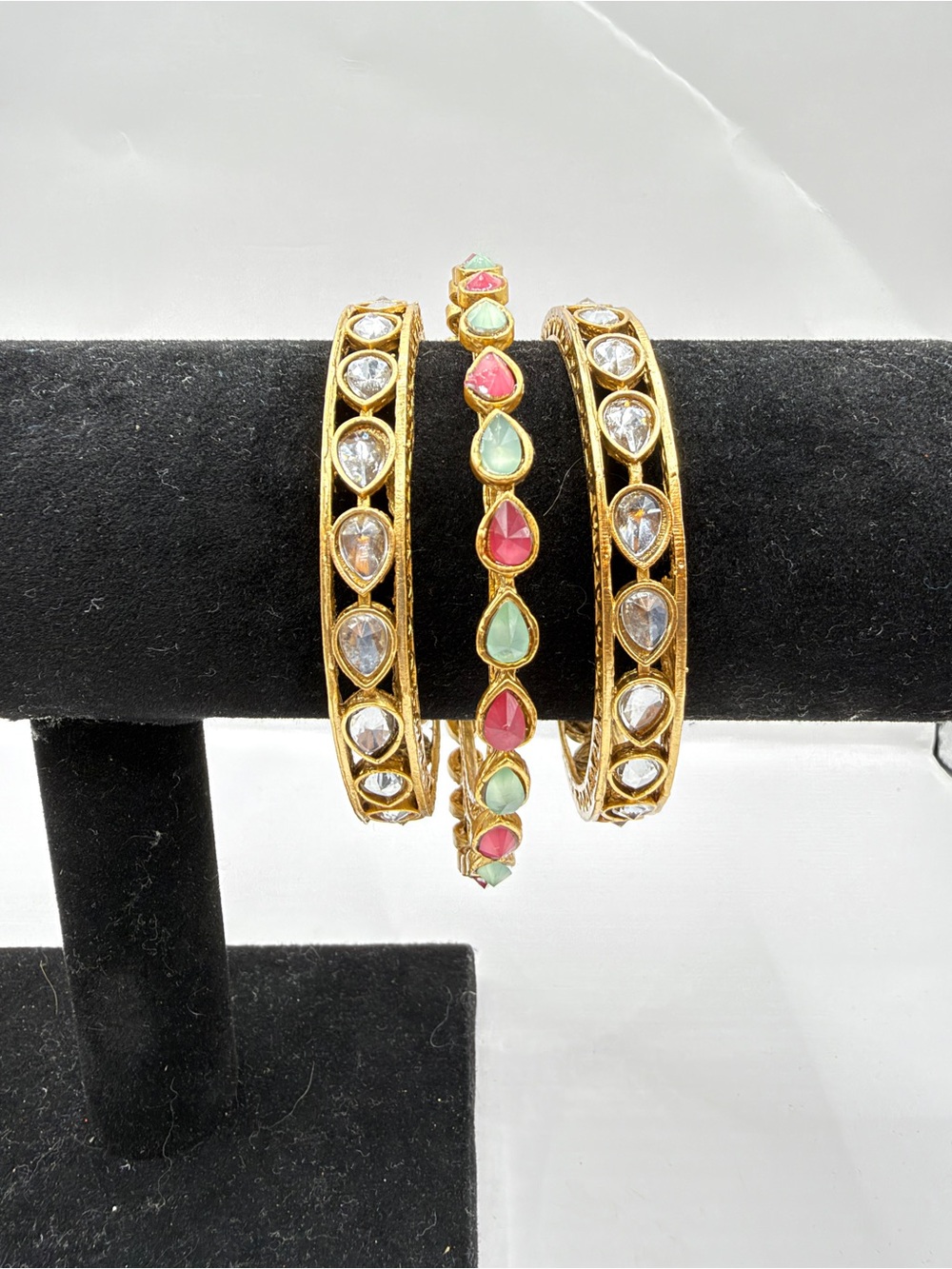 Gold-Tone Multicolor Kundan Teardrop Stone Bangle Set - Women Jewelry